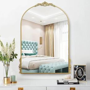 Carved Arch Wall Mirror, 24" x 36" Vintage Gold Bathroom Vanity Mirror with Wooden Frame, Baroque Decorative Mirror for Living Room Bedroom Entryway