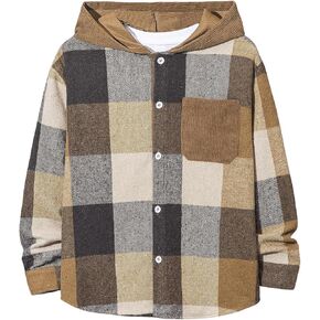Boy's Button Down Plaid Shirts Long Sleeve Drop Shoulder Hooded Jackets Fall Tops with Pocket