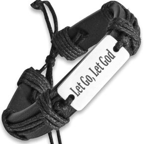 WWJD and Jesus Leather Bracelets For Men & Teens, Perfect for Spiritual, Inspirational, Anxiety, and Sobriety Gifts (Let Go, Let God - Black)