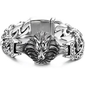 COOLSTEELANDBEYOND Mens Large Steel King Lion Head Tribal Tattoo Pattern Fancy Curb Chain Bracelet, Biker
