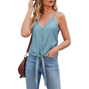 BLUEMING Summer Tank Tops for Women Sleeveless V Neck Button Down Tie Front Spaghetti Strap Camisole Loose Fit Blouse Shirts
