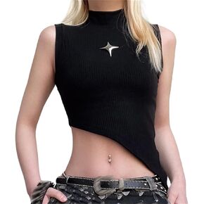 Sup-Coente Gothic Crop Top T Shirt Women Goth Black Asymmetrical Sleeveless Y2k