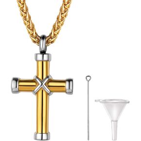 PROSTEEL Mens Urn Necklace for Ashes, Gold Plated/Black Stainless Steel Cross Memorial Cremation Pendant, Keepsakes Jewelry, 22"-24", Come with Box