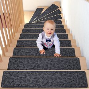 Jaoul Stair Treads for Wooden Steps Indoor Non-Slip 8" X 30" Indoor 15PCS Stair Treads Carpet, Non-Skid Safety Rug Stair Runners for Kids Elders and Pets (Light Gray, 15PCS)