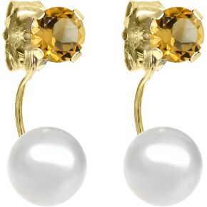 Gem Stone King 0.51 Ct Round 4mm Yellow Citrine 14K Yellow Gold Stud Freshwater Pearl Earrings