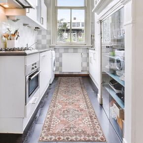 Meiko Boho Runner Rug, 2'6''×9' Washable Vintage Rug, Non-Slip Oriental Floral Rug, Non-Shedding Accent Carpet with Low Pile for Entrance, Bathroom, Kitchen, Laundry Room, Hallway, Pink