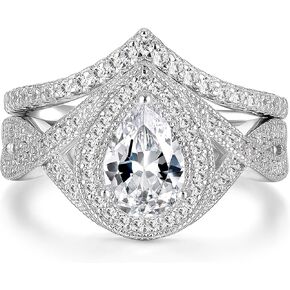 SHELOVES Vintage Pear Halo Wedding Rings for Women 5A Cubic Zirconia Bridal Sets 925 Sterling Silver Sz 5-10