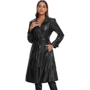 Allegra K Faux Leather Long Jacket for Women's Lapel Long Sleeve Zip Casual Trench Winter Coat