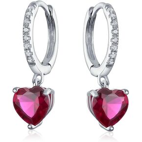 Romantic Fuchsia Pink Cubic Zirconia Simulated CZ Ruby Heart Huggie Hoop Lever back Dangling Earrings For Women Girlfriend .925 Sterling Silver CZ Accent