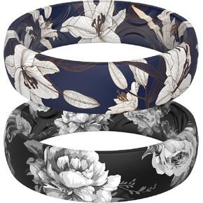 ThunderFit Silicone Wedding Bands for Women, Breathable Printed Design Rubber Engagement Rings 5.5mm Wide 1.8mm Thick - 1/2 Variety Multipack (Black Rose, Lily Flowers - Size 7-7.5 (17.80mm))