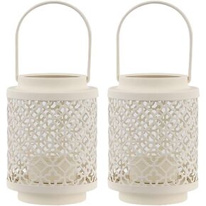 WAYUTO Metal Candle Holder Set of 2 Rustic Candle Holder Lantern Iron Candlestick Holder Hanging Lantern Retro Iron Hollow Lantern Indoor Outdoor for Desk Patio Garden Pathway Yard 7.2 Inch, Pink