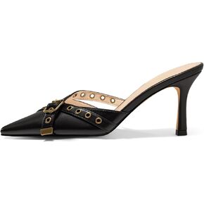 Coutgo Womens High Heels Mules Studded Slip On Mule Sandals Backless Buckle Dress Shoes Closed Pointed Toe Pumps