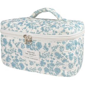 Large Travel Quilted Makeup Bag for Women, Floral Cotton Cosmetic Bag Cute Coquette Aesthetic Floral Toiletry Organizer Bag for Girls Little Black Rose Cosmetic Zipper Storage Bag