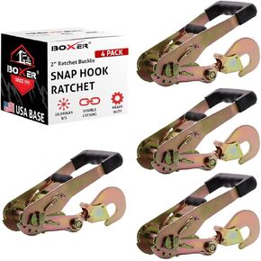 Boxer 4 Pack Heavy Duty Rubber Handle 2" Ratchet Buckle with Snap Hook, Double Locking, Breaking Strength 10,000lbs Towing Tie Down