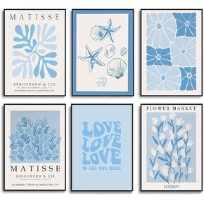Fetyiu Matisse Preppy Coastal Wall Art Set of 6 Canvas Flower Market Poster Prints Blue Aesthetic Abstract Pictures Modern Wall Decor Painting for Living Room Bedroom Bathroom 8x10in Unframed