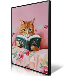 Vintage Cats Reading Books Canvas Wall Art Pink Funny Animal Room Aesthetic Poster Cute Cat Lovers Monet Minimalist Prints Trendy Girls Study Room Book Lover Preppy Wall Decor 12x16in Unframed