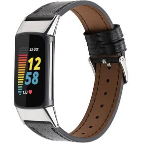 Width 18 mm Leather Strap Compatible with Fitbit Charge 5 for Women Men Black Comfortable Watch Band Leather Band