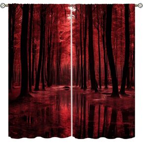 Jungle Curtains, Black Red Rod Pocket BurgundyTree Mystic Foggy Woodland Scene Gothic Jungle Nature Art Printed Living Room Bedroom Window Drapes Fabric 21" W x 45" L x2【Decor】