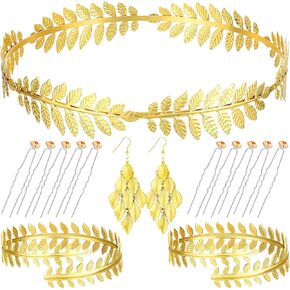 WILLBOND 15 Pieces Greek Goddess Costume Accessories Women Toga Golden Leaves Bridal Crown Headband Bracelet Pearl Earrings and Hair Pins