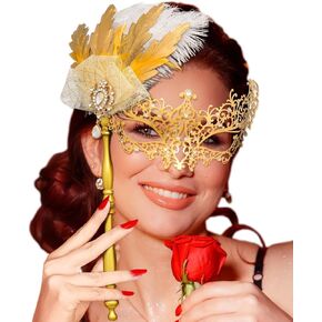Campsis Masquerade Mask with Stick Gold Venetian Mask Handheld Masquerade Ball Mask Feather Prom Mask Party Halloween Costume Accessories for Women