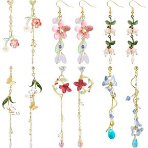 NEWITIN 6 Pairs Flower Earrings for Women Hypoallergenic Earrings Pearl Leaf Flower Tassel Earrings Statement Long Earrings Flower Dangle Earrings for Women