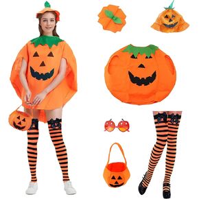 Halloween Pumpkin Costume Set with Funny Hat Pumpkin Suit Candy Bag Cute Glasses Pretty Stocking Adult Women Cosplay Costumes For Halloween Party