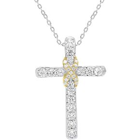 Lab Grown Diamond Cross Necklace 1/2 cttw FG Color, VS2-SI1 Clarity in Sterling Silver and 14kt Yellow Gold Plate -18 Inch Cable Chain