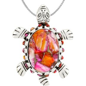 Turtle Turquoise Pendant Necklace 20" Sterling Silver 925 Genuine Gemstones (Choose Color)