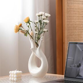 Modern Hand Shaped Flower Vase, Minimalist White Ceramic Vase for Shelf, Entryway, Table, Home Decor (Matte White)