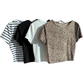 Women's 4 Pack Leopard Print Striped T Shirt Crewneck Short Sleeve Summer Crop Top