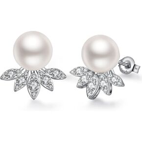 925 Sterling Silver Pearl Dangle Earrings for Women Cubic Zirconia Diamond Pearl Stud Earrings Pearl Jewelry for Ladies, White/Light Gray/Dark Gray 10MM