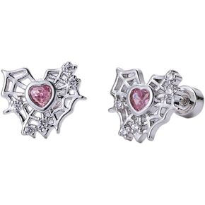 20g Black Web Pink Heart CZ Screw Flat Back Small Stud Earrings for Women Unique Cute 316L Titanium Stainless Steel Animal Cartilage Tragus Tiny Little Piercing Studs Hypoallergenic Fashion Jewelry Halloween Party Gift