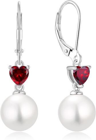 Pearl Earrings for Women 925 Sterling Silver 5A Cubic Zirconia Heart Birthstone Dangle Drop Leveback Earrings Jewelry Valentine's Day Anniversaries Birthday Gifts for Her in Kuwait