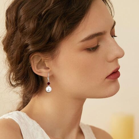 Pearl Earrings for Women 925 Sterling Silver 5A Cubic Zirconia Heart Birthstone Dangle Drop Leveback Earrings Jewelry Valentine's Day Anniversaries Birthday Gifts for Her in Kuwait