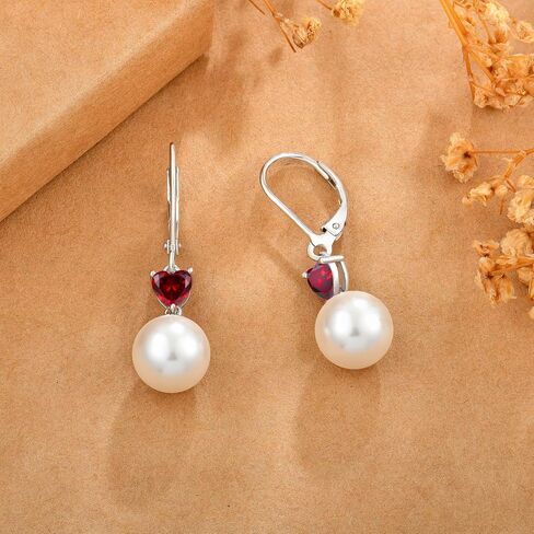 Pearl Earrings for Women 925 Sterling Silver 5A Cubic Zirconia Heart Birthstone Dangle Drop Leveback Earrings Jewelry Valentine's Day Anniversaries Birthday Gifts for Her in Kuwait