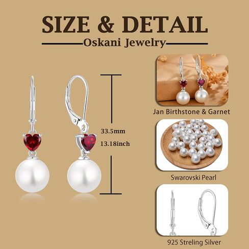 Pearl Earrings for Women 925 Sterling Silver 5A Cubic Zirconia Heart Birthstone Dangle Drop Leveback Earrings Jewelry Valentine's Day Anniversaries Birthday Gifts for Her in Kuwait