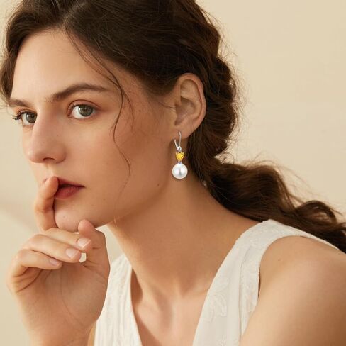 Pearl Earrings for Women 925 Sterling Silver 5A Cubic Zirconia Heart Birthstone Dangle Drop Leveback Earrings Jewelry Valentine's Day Anniversaries Birthday Gifts for Her in Kuwait