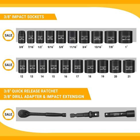 DEKOPRO 23-Piece Socket Wrench Set, 3/8" Drive Metric/SAE, Impact Socket Set with 72 Tooth Reversible Ratchet, 6 Point, 3/8" - 1" & 12mm - 21mm, Mechanics Tool Set in Saudi Arabia