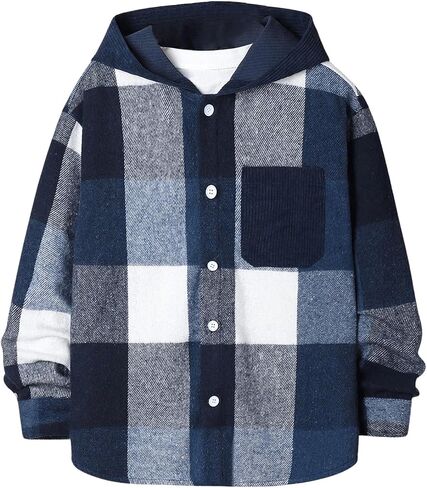 Boy's Button Down Plaid Shirts Long Sleeve Drop Shoulder Hooded Jackets Fall Tops with Pocket in Saudi Arabia
