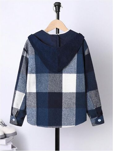 Boy's Button Down Plaid Shirts Long Sleeve Drop Shoulder Hooded Jackets Fall Tops with Pocket in Saudi Arabia