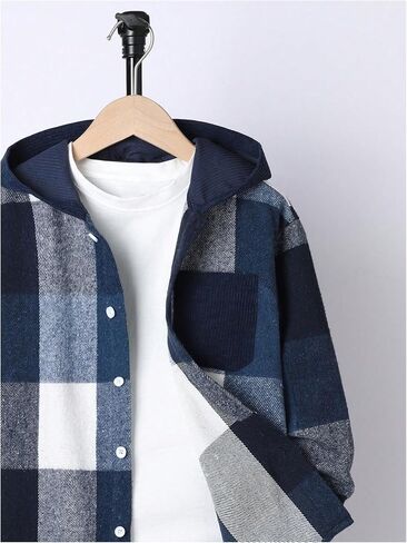 Boy's Button Down Plaid Shirts Long Sleeve Drop Shoulder Hooded Jackets Fall Tops with Pocket in Saudi Arabia