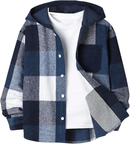 Boy's Button Down Plaid Shirts Long Sleeve Drop Shoulder Hooded Jackets Fall Tops with Pocket in Saudi Arabia