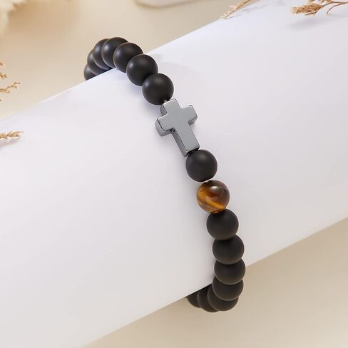 Cross Bracelet for Men To My Dad Son Godfather Black Tiger Eyes Beads Bracelet Father's Day Birthday Graduation Confirmation Christian Gift for Men in Kuwait