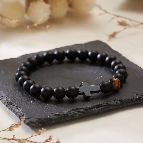 Cross Bracelet for Men To My Dad Son Godfather Black Tiger Eyes Beads Bracelet Father's Day Birthday Graduation Confirmation Christian Gift for Men in Kuwait