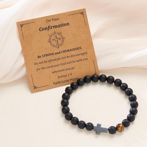 Cross Bracelet for Men To My Dad Son Godfather Black Tiger Eyes Beads Bracelet Father's Day Birthday Graduation Confirmation Christian Gift for Men in Kuwait