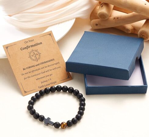 Cross Bracelet for Men To My Dad Son Godfather Black Tiger Eyes Beads Bracelet Father's Day Birthday Graduation Confirmation Christian Gift for Men in Kuwait