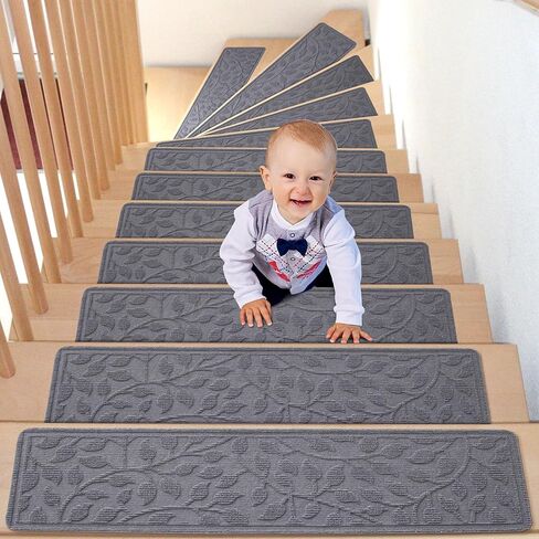 Jaoul Stair Treads for Wooden Steps Indoor Non-Slip 8" X 30" Indoor 15PCS Stair Treads Carpet, Non-Skid Safety Rug Stair Runners for Kids Elders and Pets (Light Gray, 15PCS) in Saudi Arabia