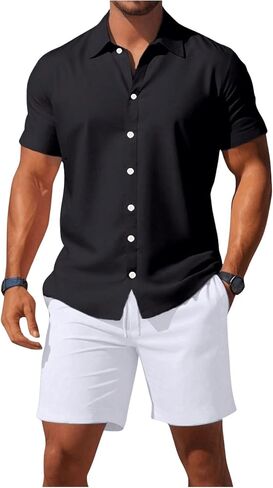 Men's 2 Piece Summer Outfits Short Sleeve Button Down Shirts and Drawstring Waist Shorts Sets in Saudi Arabia