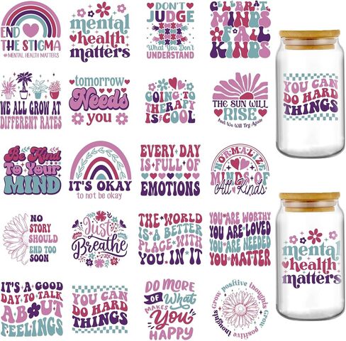 Mental Health UV DTF Decals - 20 Sheets Suicide Prevention Awareness Stickers Uvdtf Cup Wraps for 16 oz Glass Mugs, Inspirational Quotes Transfer Sticker DIY Water Bottle Creative Gifts for Teenagers in Saudi Arabia