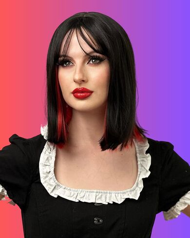 ALLAURA Two Tone Wig for Women Black & Red – Realistic Hair with Bangs, Fits All, Heat-Resistant, Curl & Restyle Bob – Fashion or Cosplay Fun in Kuwait